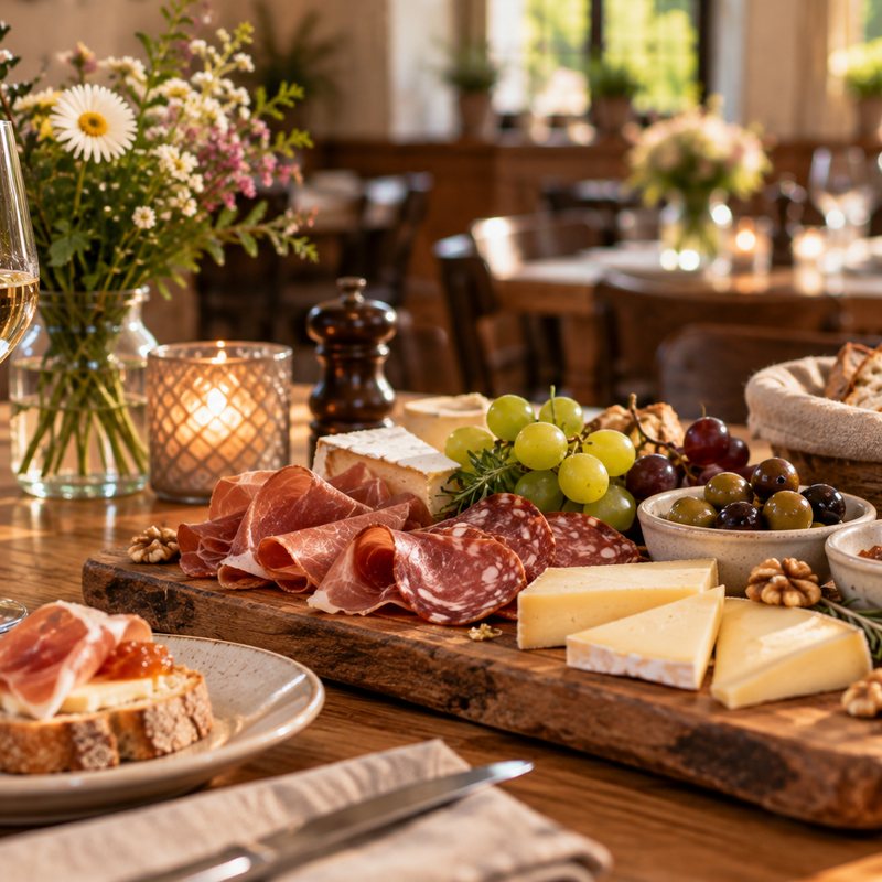 Znüniteller mit Käse, Rohschinken, Brot und einem Glas Wein