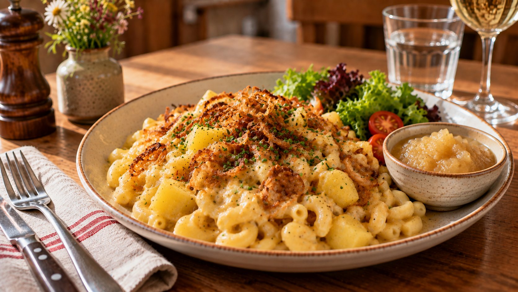 Älplermagronen mit Röstzwiebeln und Apfelmus