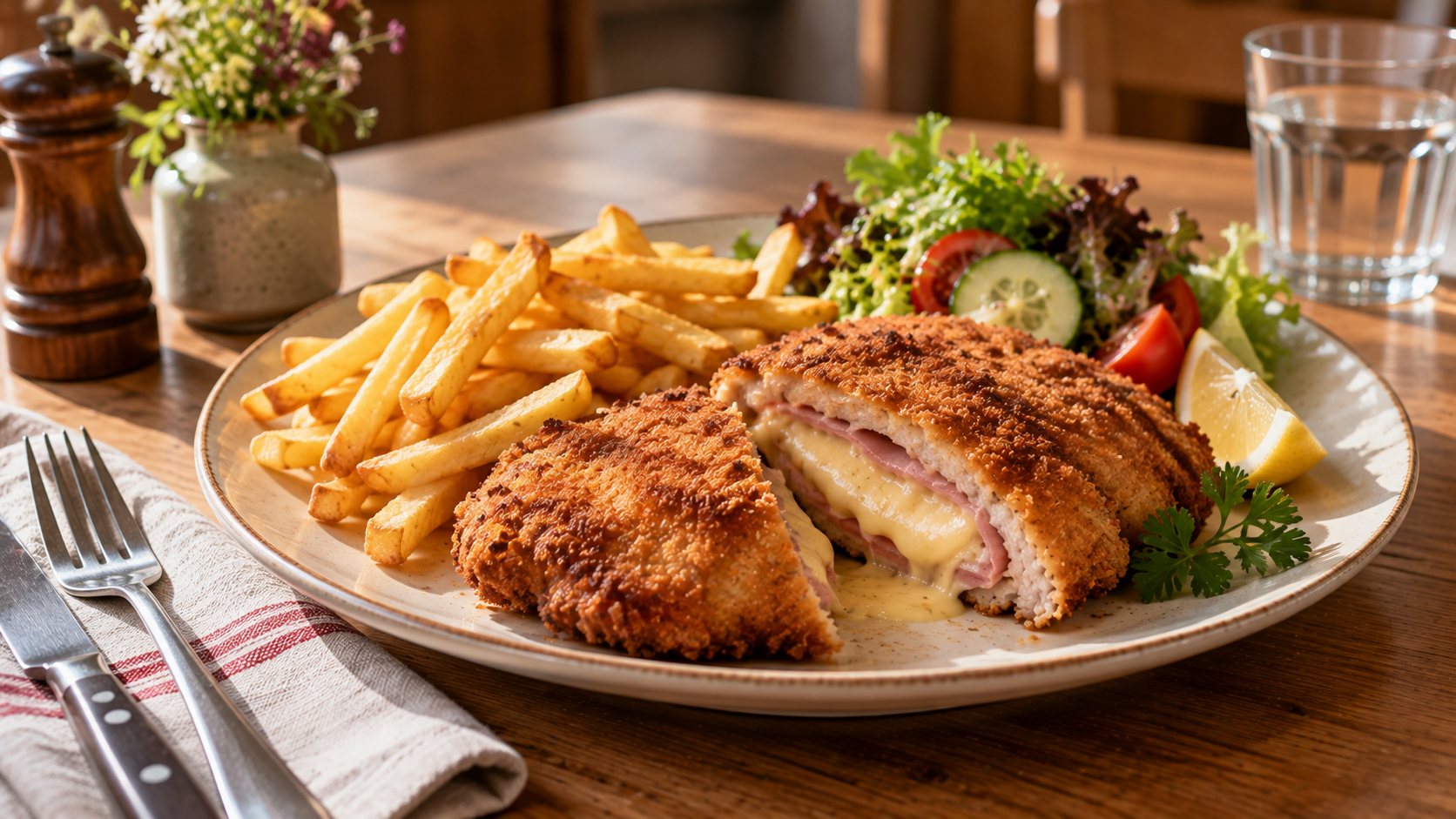 Cordon bleu mit Pommes frites und Gemüse