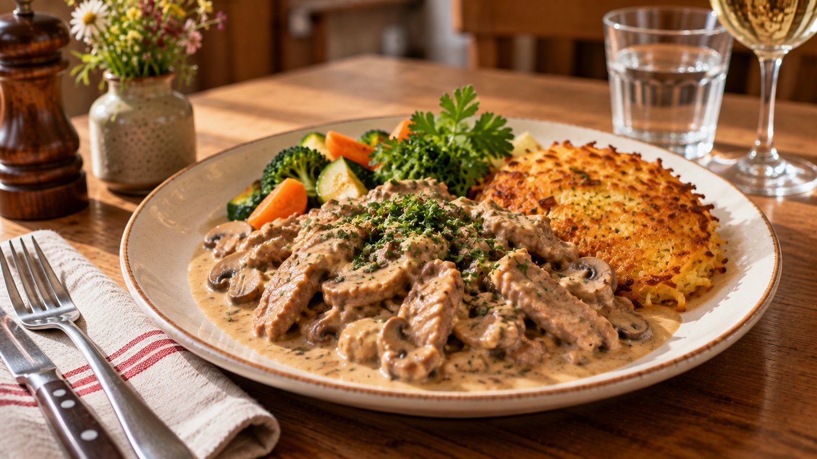 Geschnetzeltes an Rahmsauce mit Rösti
