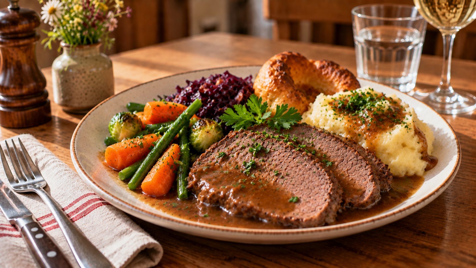Sonntagsbraten mit Sauce und Gemüse