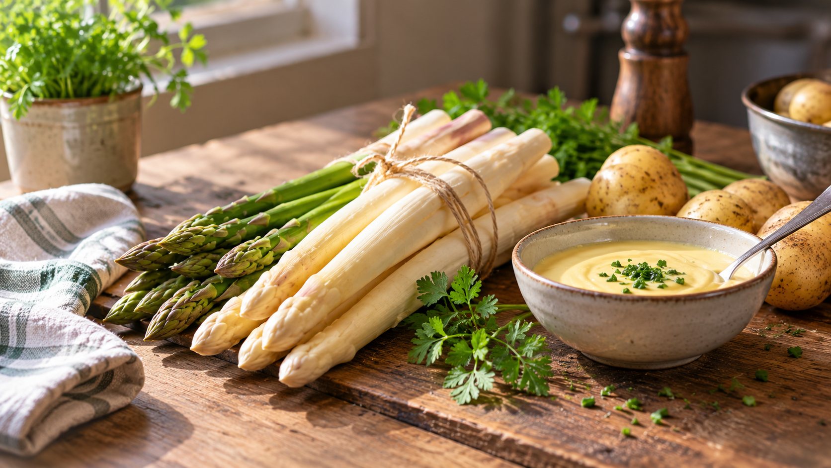 Frischer Spargel und Sauce auf der Küchentheke