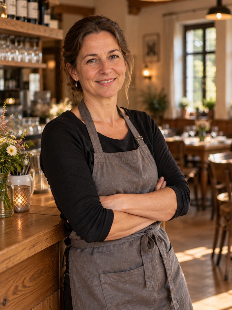 Sandra an der Theke im Gastraum